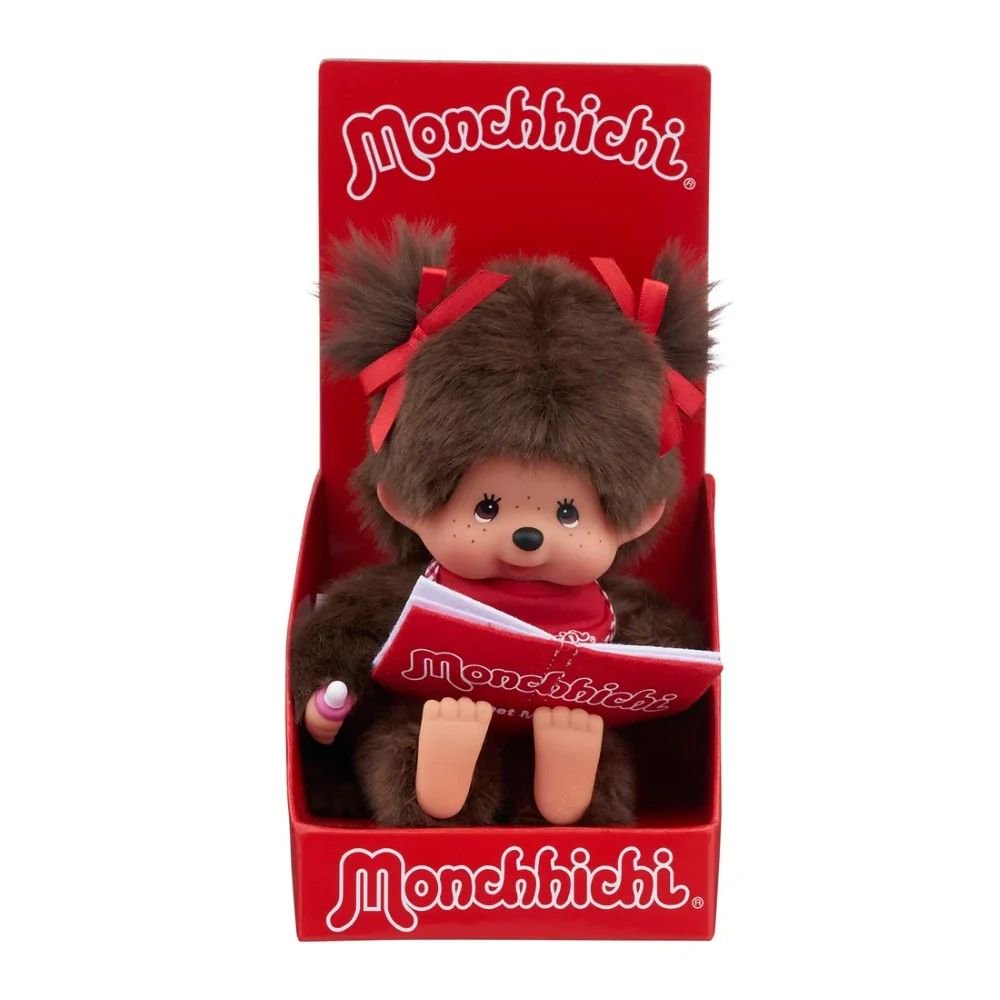 Sekiguchi Monchhichi Sitting & Reading Girl 7 Inch Plush Doll in original red display box packaging, ideal end-of-year holiday collectible gift and cute desk accessory