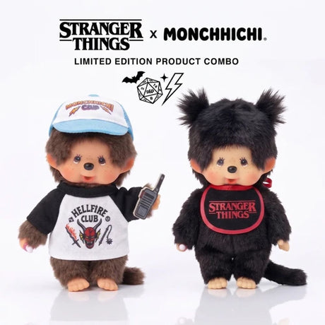 Promotional set view of Sekiguchi Monchhichi x Stranger Things Limited Edition Product Series featuring Boy in Hellfire Club shirt and Girl in Upside Down theme outfit, ideal holiday season collectible gift for Stranger Things and Monchhichi fans
