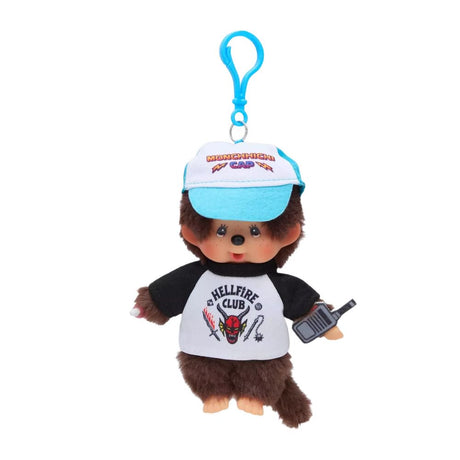 Front view of Officially Licensed Sekiguchi Monchhichi x Stranger Things Boy Clip-On Mascot Plush Keychain wearing Hellfire Club baseball t-shirt, Thinking Cap, holding walkie-talkie with blue clip ring, perfect Christmas gift and bag charm accessory