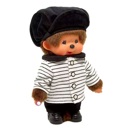 Three-quarter side angle view of Sekiguchi Monchhichi Striped Jacket & Casquette Boy 8 Inch Plush Doll wearing black cap, striped jacket, black trousers, and holding pacifier, ideal holiday season collectible gift