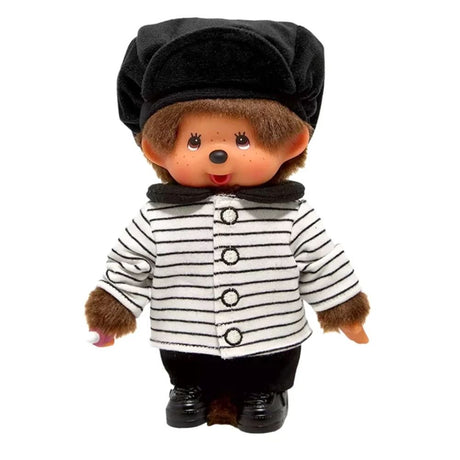 Front standing view of Sekiguchi Monchhichi Striped Jacket & Casquette Boy 8 Inch Plush Doll featuring black baker boy hat, striped outfit, and vinyl monkey face, ideal end-of-year holiday gift and cute room decor