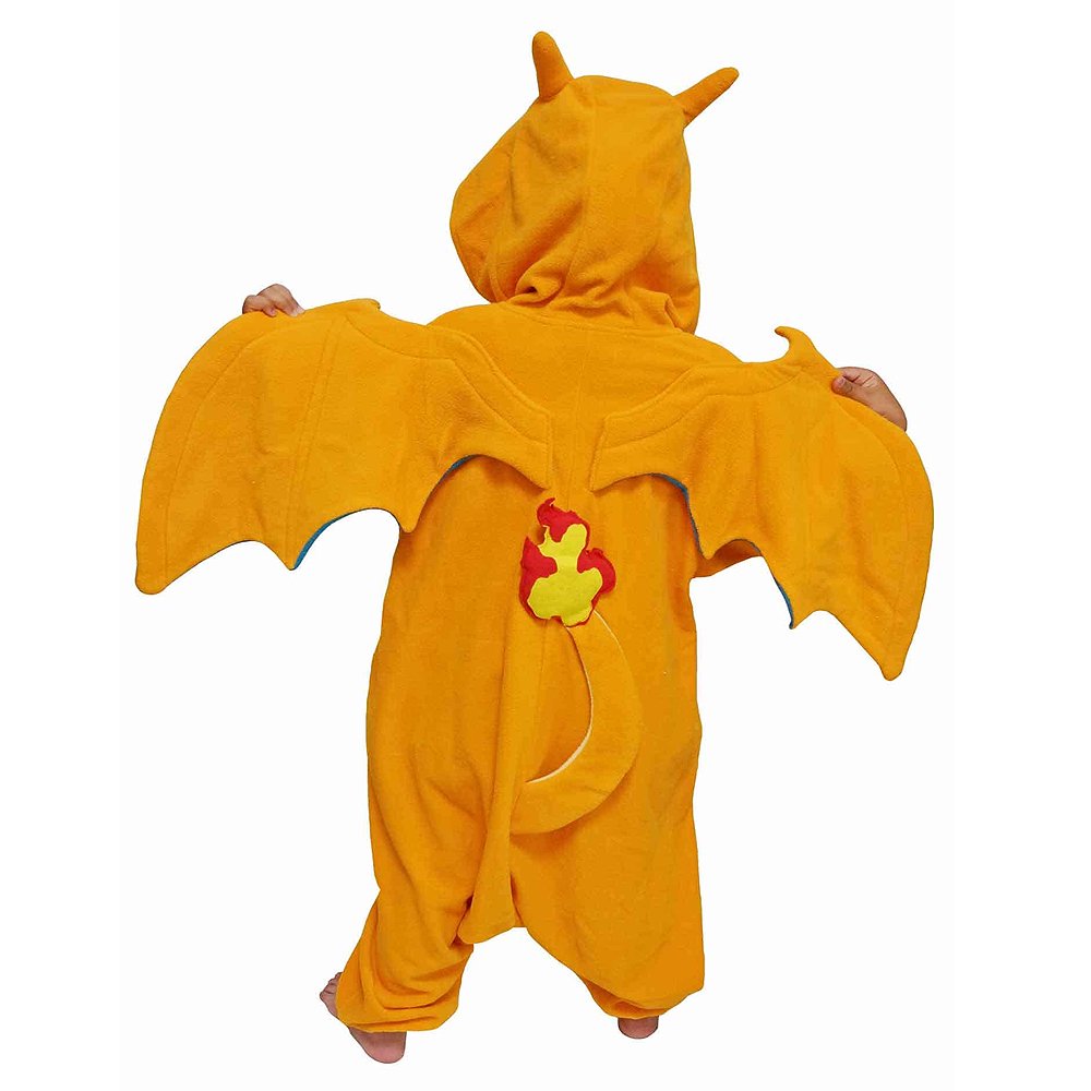 Back view of the official Pokémon Charizard Kids Kigurumi Onesie, showing the wide orange dragon wings with blue lining and the flaming tail detail. An ideal cosplay outfit for kids' Halloween costumes, sleepover night pajamas, and birthday gifts for young Pokémon fans.