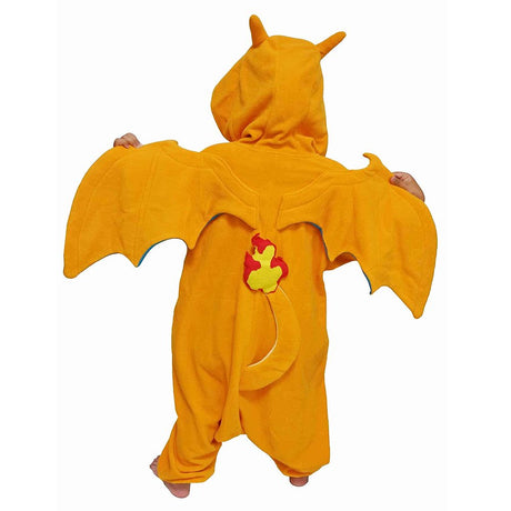 Back view of the official Pokémon Charizard Kids Kigurumi Onesie, showing the wide orange dragon wings with blue lining and the flaming tail detail. An ideal cosplay outfit for kids' Halloween costumes, sleepover night pajamas, and birthday gifts for young Pokémon fans.