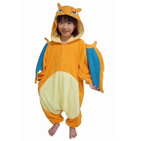 Official Pokémon Charizard Kids Costume Kigurumi Onesie Jumpsuit worn by a young model spreading the attached dragon wings. Features a bright orange fleece body, cream belly panel, and a Charizard face hood with horns. Perfect for kids' Halloween costumes, sleepover parties, and year-end holiday gifts.