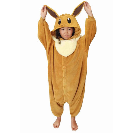 Official Pokémon Eevee Kids Costume Kigurumi Onesie Jumpsuit worn by a young model holding the pointed long ears. Features a soft light-brown fleece body, fluffy cream collar fluff, and an Eevee character face hood. Perfect for kids' Halloween costumes, cosplay party suits, sleepovers, and birthday gifts.