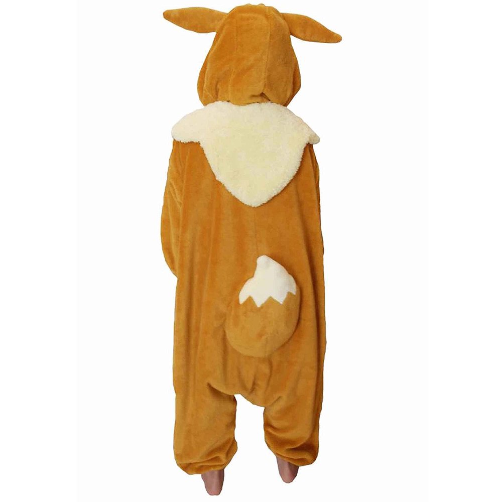 Back view of the official Pokémon eevee Kids Kigurumi Onesie, showing the fluffy cream collar fluff and, cute eevee tail detail. An ideal cosplay outfit for kids' Halloween costumes, sleepover night pajamas, and birthday gifts for young Pokémon fans