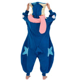 Back view of the official Pokémon Greninja Kids Kigurumi Onesie, showing the long plush pink tongue scarf draped over the shoulder and light blue shuriken-shaped ninja stars on the legs. An ideal cosplay outfit for kids' Halloween costumes, sleepover parties, and birthday gifts for young Pokémon fans.