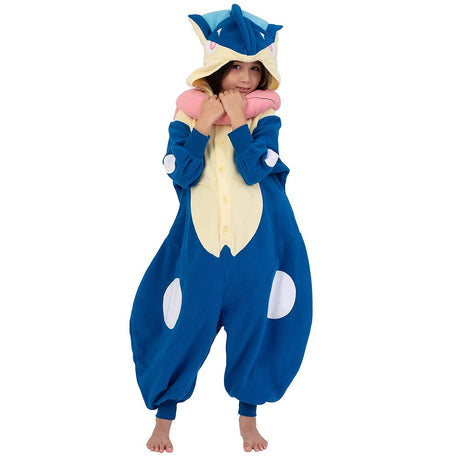 Official Pokémon Greninja Kids Costume Kigurumi Onesie Jumpsuit worn by a young model holding the hooded ears. Features a soft blue fleece body, cream chest panel, white knee spots, and a plush pink tongue scarf collar. Perfect for kids' Halloween costumes, cosplay party suits, sleepovers, and holiday gifts