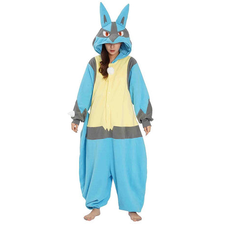 Official Pokémon Lucario Costume Kigurumi Onesie Jumpsuit worn by a smiling model holding the hooded ears. Features a soft blue, grey, and cream-yellow fleece body with a white chest spike detail and red character eyes. A cool cosplay outfit for Halloween costumes, cozy sleepover nights, and year-end holiday party loungewear for adult Pokémon fans