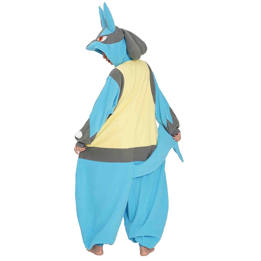 Back view of the official Pokémon Lucario Costume Kigurumi Onesie Jumpsuit, showing the unique grey aura sensors on the back of the hood and the distinct blue tail being held up by the model. This soft blue, grey, and cream-yellow fleece cosplay outfit is perfect for Halloween costumes, cozy sleepover nights, and year-end holiday party loungewear for adult Pokémon fans seeking character accuracy.