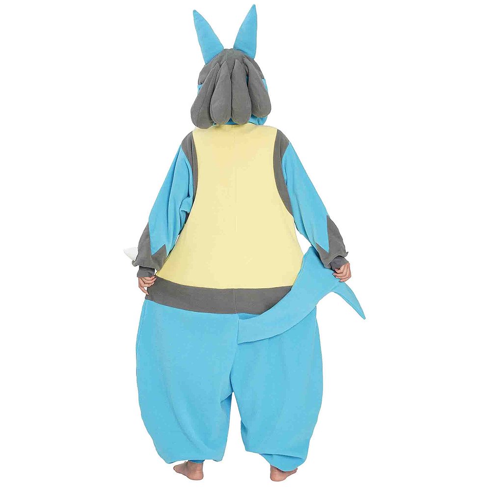Back view of the official Pokémon Lucario Costume Kigurumi Onesie Jumpsuit, showing the unique grey aura sensors on the back of the hood and the distinct blue tail being held up by the model. This soft blue, grey, and cream-yellow fleece cosplay outfit is perfect for Halloween costumes, cozy sleepover nights, and year-end holiday party loungewear for adult Pokémon fans seeking character accuracy