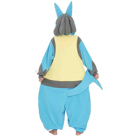 Back view of the official Pokémon Lucario Costume Kigurumi Onesie Jumpsuit, showing the unique grey aura sensors on the back of the hood and the distinct blue tail being held up by the model. This soft blue, grey, and cream-yellow fleece cosplay outfit is perfect for Halloween costumes, cozy sleepover nights, and year-end holiday party loungewear for adult Pokémon fans seeking character accuracy