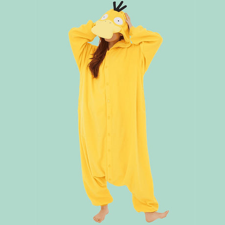 Official Pokémon Psyduck Costume Kigurumi Onesie Jumpsuit worn by a model holding her head in Psyduck's signature headache pose. Features a bright yellow fleece body, large flat bill, three black hair strands on the hood, and wide vacant eyes. A funny cosplay outfit for Halloween costumes, cozy sleepover nights, and year-end holiday party loungewear for adult Pokémon fans