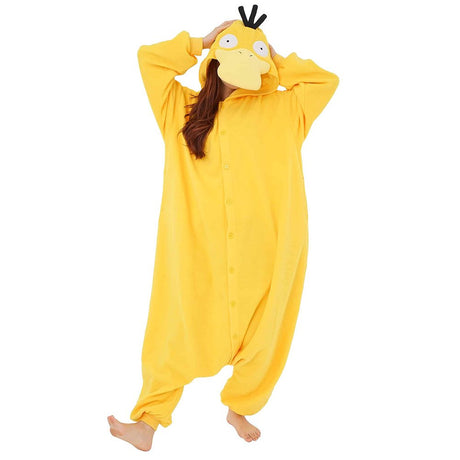 Official Pokémon Psyduck Costume Kigurumi Onesie Jumpsuit worn by a model holding her head in Psyduck's signature headache pose. Features a bright yellow fleece body, large flat bill, three black hair strands on the hood, and wide vacant eyes. A funny cosplay outfit for Halloween costumes, cozy sleepover nights, and year-end holiday party loungewear for adult Pokémon fans.