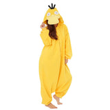 Official Pokémon Psyduck Costume Kigurumi Onesie Jumpsuit worn by a model holding her head in Psyduck's signature headache pose. Features a bright yellow fleece body, large flat bill, three black hair strands on the hood, and wide vacant eyes. A funny cosplay outfit for Halloween costumes, cozy sleepover nights, and year-end holiday party loungewear for adult Pokémon fans.