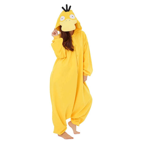Official Pokémon Psyduck Costume Kigurumi Onesie Jumpsuit worn by a model holding her head in Psyduck's signature headache pose. Features a bright yellow fleece body, large flat bill, three black hair strands on the hood, and wide vacant eyes. A funny cosplay outfit for Halloween costumes, cozy sleepover nights, and year-end holiday party loungewear for adult Pokémon fans.