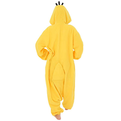 Official Pokémon Psyduck Costume Kigurumi Onesie Jumpsuit worn by a model holding her head in Psyduck's signature headache pose. Features a bright yellow fleece body, large flat bill, three black hair strands on the hood, and wide vacant eyes. A funny cosplay outfit for Halloween costumes, cozy sleepover nights, and year-end holiday party loungewear for adult Pokémon fans.