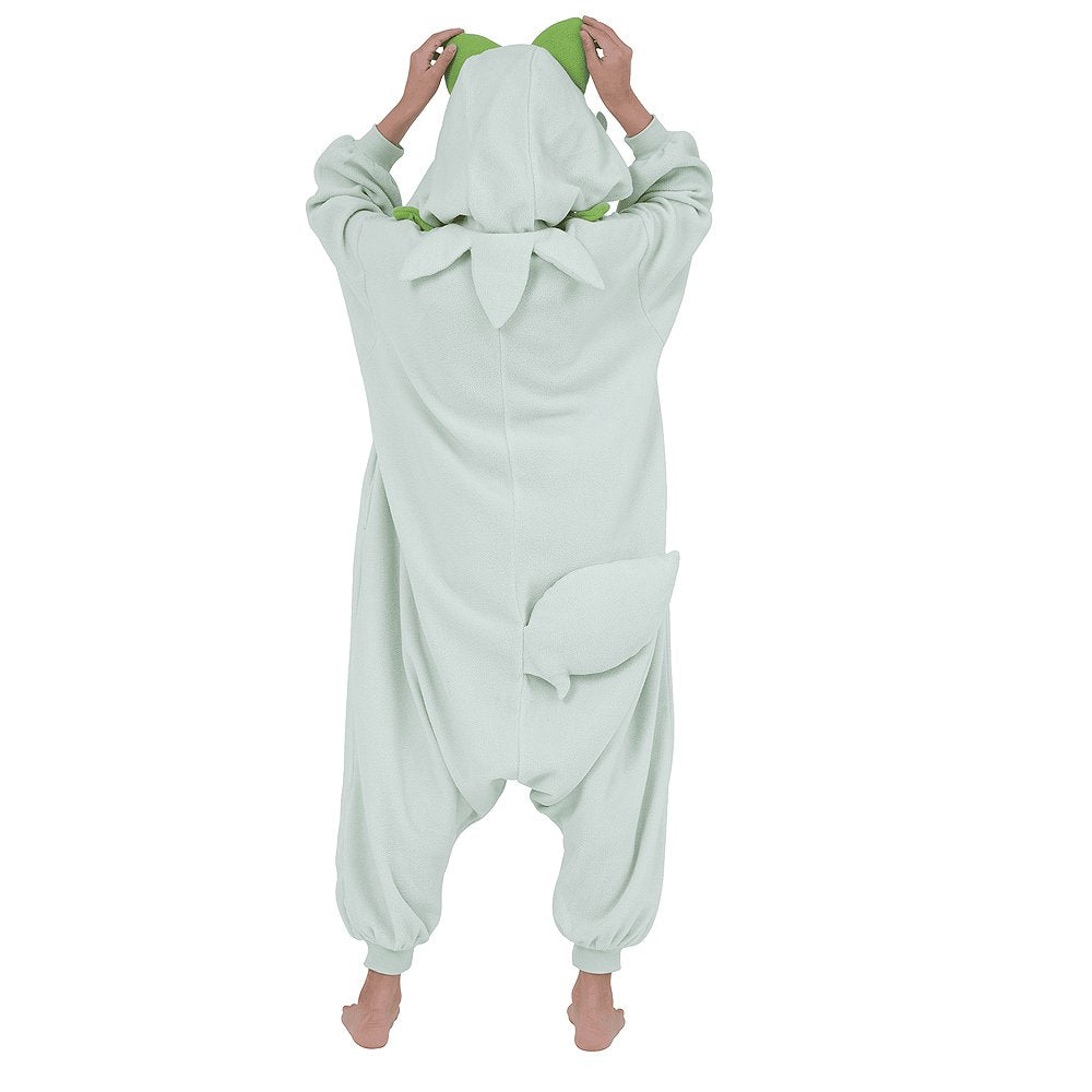 Back view of the official Pokémon Sprigatito Kids Kigurumi Onesie, showing the leaf-shaped fluffy tail and the back of the green leaf collar detail. A cozy cosplay outfit for kids' Halloween costumes, sleepover parties, and birthday gifts for young Pokémon fans.