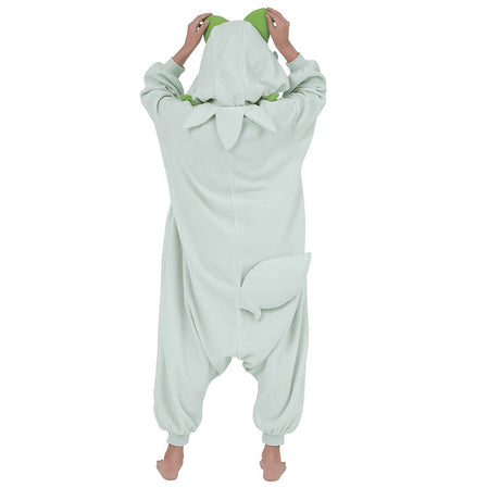 Back view of the official Pokémon Sprigatito Kids Kigurumi Onesie, showing the leaf-shaped fluffy tail and the back of the green leaf collar detail. A cozy cosplay outfit for kids' Halloween costumes, sleepover parties, and birthday gifts for young Pokémon fans.