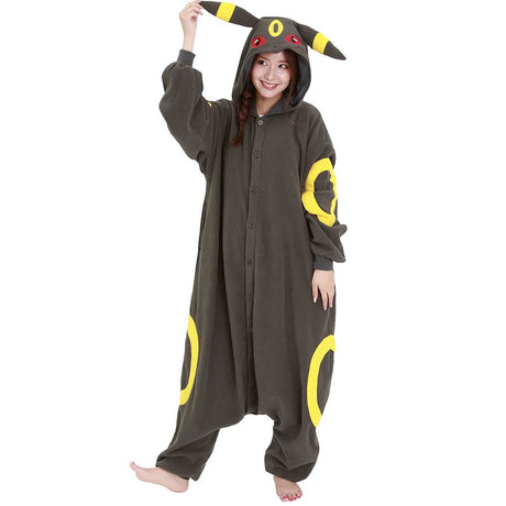 Official Pokémon Umbreon Costume Kigurumi Onesie Jumpsuit worn by a model holding the hooded ears. Features a soft black fleece body with yellow oval patterns and red character eyes. An ideal cosplay outfit for Halloween costumes, cozy sleepover nights, and year-end holiday party loungewear for adult Pokémon fans.