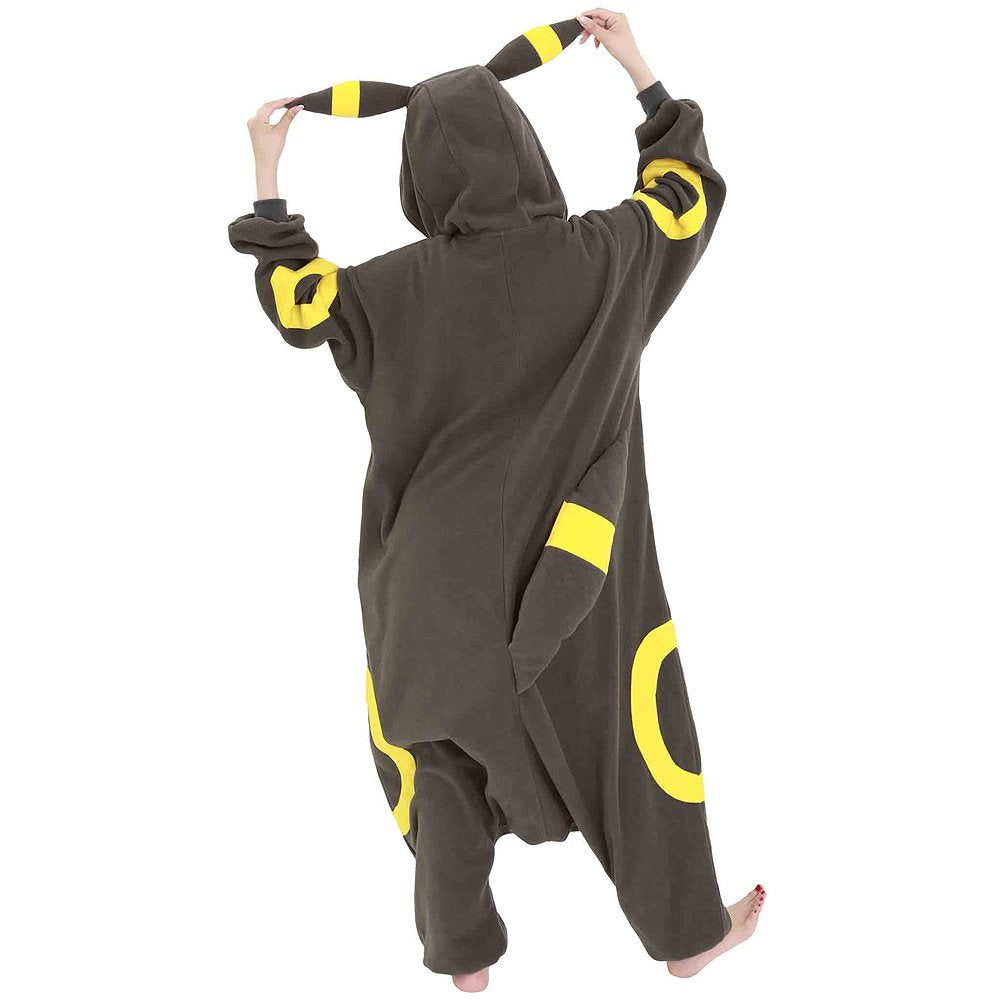 Official Pokémon Umbreon Costume Kigurumi Onesie Jumpsuit worn by a model holding the hooded ears. Features a soft black fleece body with yellow oval patterns and red character eyes. An ideal cosplay outfit for Halloween costumes, cozy sleepover nights, and year-end holiday party loungewear for adult Pokémon fans.