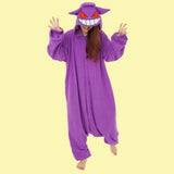 Front view of Officially Licensed Pokémon Gengar Fleece Kigurumi Onesie Jumpsuit featuring purple cozy winter pajamas with evil grin hood face and pointy ears, perfect Halloween costume, Christmas gift, warm holiday sleepwear, and anime cosplay outfit