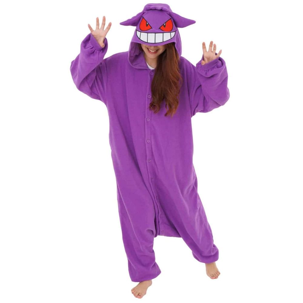 Officially Licensed Pokémon Gengar Fleece Kigurumi Onesie Jumpsuit featuring purple cozy winter pajamas with evil grin hood face and pointy ears, perfect Halloween costume, Christmas gift, warm holiday sleepwear, and anime cosplay outfit.