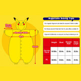Official Pokémon Kigurumi Onesie Size Chart and Measurement Guide featuring a Pikachu diagram. Displays measurements for One Size Fits All (Height 54-59in, Bust 50.4in, Shoulder Width 22.4in, Sleeve Length 23.2in) and XL size (Height 58-63in, Bust 52.8in, Shoulder Width 23.6in, Sleeve Length 24.4in). Includes sizing tips for Halloween costumes, sleepover parties, and year-end cosplay fits