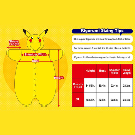 Official Pokémon Kigurumi Onesie Size Chart and Measurement Guide featuring a Pikachu diagram. Displays measurements for One Size Fits All (Height 54-59in, Bust 50.4in, Shoulder Width 22.4in, Sleeve Length 23.2in) and XL size (Height 58-63in, Bust 52.8in, Shoulder Width 23.6in, Sleeve Length 24.4in). Includes sizing tips for Halloween costumes, sleepover parties, and year-end cosplay fits