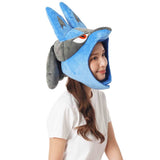 Side profile view of model wearing Pokémon Lucario Kigurumi Costume Hat displaying long grey aura appendage flaps and snug fit, perfect for winter warm clothing, anime cosplay parties, and holiday gifting