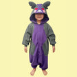 Front view of Officially Licensed Pokémon Morpeko Kids Costume Kigurumi Hangry Mode Jumpsuit featuring purple and dark grey cozy winter pajamas with angry red eyes hood face, perfect Halloween costume, Christmas gift, warm kids sleepwear, and cosplay party suit