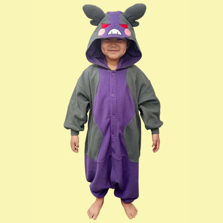 Front view of Officially Licensed Pokémon Morpeko Kids Costume Kigurumi Hangry Mode Jumpsuit featuring purple and dark grey cozy winter pajamas with angry red eyes hood face, perfect Halloween costume, Christmas gift, warm kids sleepwear, and cosplay party suit