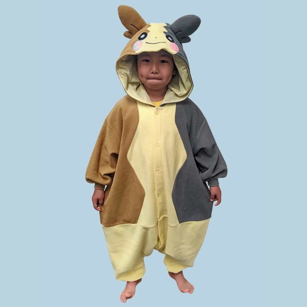 Front view of Officially Licensed Pokémon Morpeko Kids Costume Kigurumi Full Belly Jumpsuit featuring yellow, brown, and dark grey cozy winter pajamas with cute Morpeko face hood, perfect Halloween costume, Christmas gift, warm kids sleepwear, and cosplay party suit