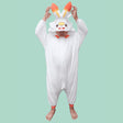 Front view of Officially Licensed Pokémon Scorbunny Kids Fleece Kigurumi Onesie Jumpsuit featuring white cozy winter pajamas with orange rabbit ears hood, yellow nose patch, and orange cuffs, perfect Halloween costume, Christmas gift, warm kids sleepwear, and anime cosplay outfit