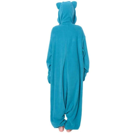 Back view of Pokémon Snorlax Fleece Kigurumi Onesie Costume showing solid blue warm fleece back and attached hood, ideal end-of-year holiday gift and cozy winter pajama jumpsuit