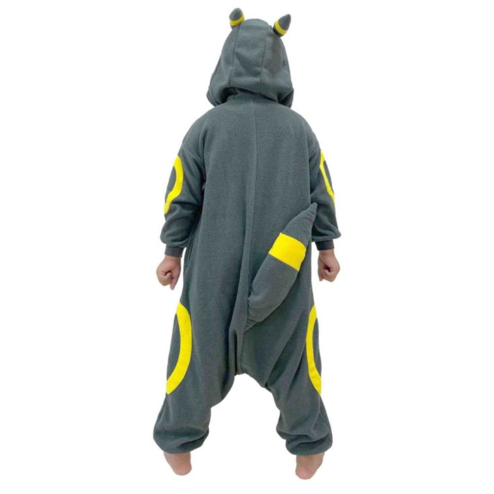 Back view of Pokémon Umbreon Kids Fleece Kigurumi Onesie Jumpsuit displaying signature yellow ring patterns on thighs and soft plush tail with yellow band, ideal Halloween cosplay outfit, end-of-year holiday gift, and cozy winter pajama jumpsuit for kids