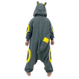 Back view of Pokémon Umbreon Kids Fleece Kigurumi Onesie Jumpsuit displaying signature yellow ring patterns on thighs and soft plush tail with yellow band, ideal Halloween cosplay outfit, end-of-year holiday gift, and cozy winter pajama jumpsuit for kids