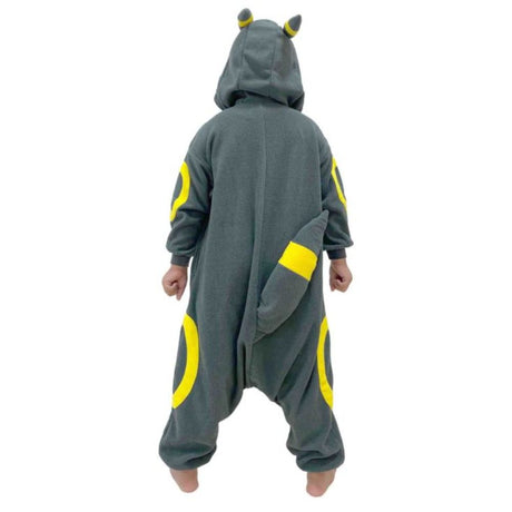 Back view of Pokémon Umbreon Kids Fleece Kigurumi Onesie Jumpsuit displaying signature yellow ring patterns on thighs and soft plush tail with yellow band, ideal Halloween cosplay outfit, end-of-year holiday gift, and cozy winter pajama jumpsuit for kids
