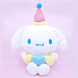 Official Sanrio Cinnamoroll Triple Heart Plush Valentine's Day party collection .kawaii plushies party hats and holding double hearts, perfect for Valentine's party decor and aesthetic gift sets.