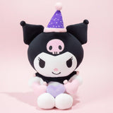 Official Sanrio Kuromi Triple Heart Plush Valentine's Day party collection .kawaii plushies wearing party hats and holding double hearts, perfect for Valentine's party decor and aesthetic gift sets.