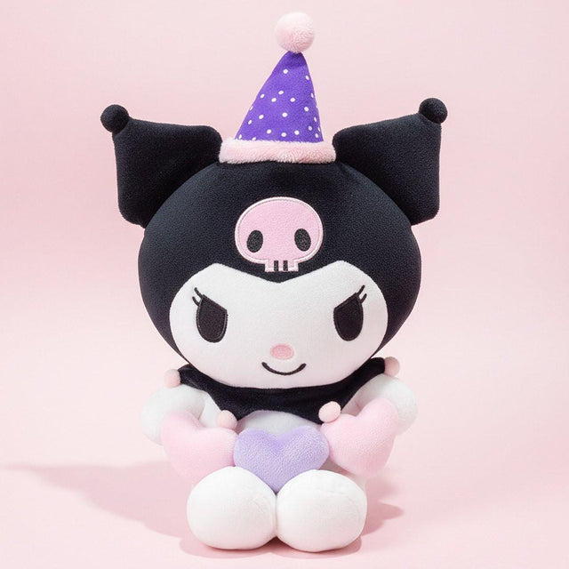 Official Sanrio Kuromi Triple Heart Plush Valentine's Day party collection .kawaii plushies wearing party hats and holding double hearts, perfect for Valentine's party decor and aesthetic gift sets.