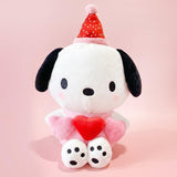 Official Sanrio Pochacco Triple Heart Plush Valentine's Day party collection .kawaii plushies wearing party hats and holding double hearts, perfect for Valentine's party decor and aesthetic gift sets.