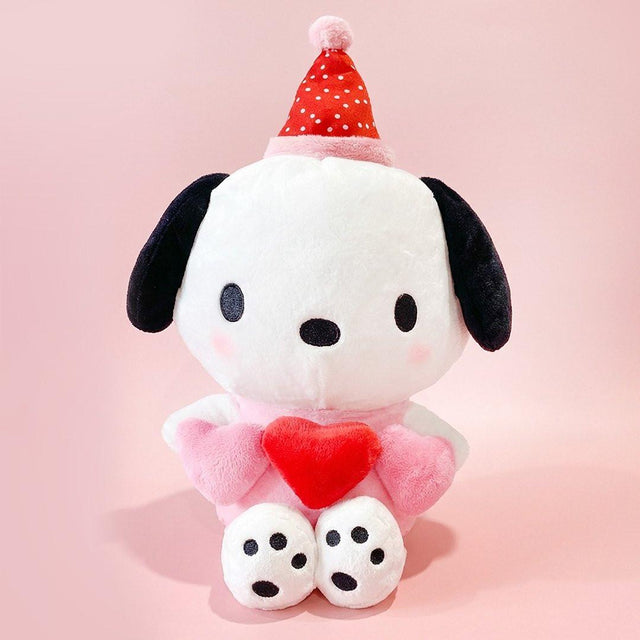 Official Sanrio Pochacco Triple Heart Plush Valentine's Day party collection .kawaii plushies wearing party hats and holding double hearts, perfect for Valentine's party decor and aesthetic gift sets.