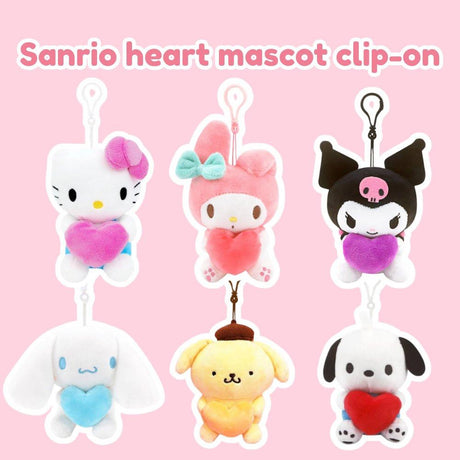 Sanrio heart mascot clip-on plush collection featuring Hello Kitty, My Melody, Kuromi, Cinnamoroll, Pompompurin, and Pochacco. Small kawaii plush keychains holding colorful hearts for Valentine's Day backpack accessories or gift toppers