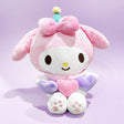 Official Sanrio My Melody Triple Heart Plush Valentine's Day party collection .kawaii plushies wearing party hats and holding double hearts, perfect for Valentine's party decor and aesthetic gift sets.