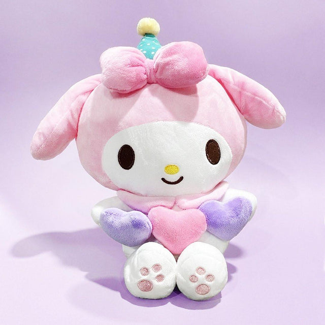 Official Sanrio My Melody Triple Heart Plush Valentine's Day party collection .kawaii plushies wearing party hats and holding double hearts, perfect for Valentine's party decor and aesthetic gift sets.