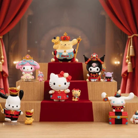 Full collection stage display of Officially Licensed Sanrio Characters The Nutcracker Series Figures Blind Box, perfect Christmas gift and holiday stocking stuffer featuring Hello Kitty, Kuromi, My Melody, Pompompurin, Cinnamoroll, and Pochacco in festive ballet costumes