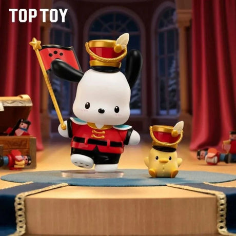Pochacco Nutcracker Soldier Figure carrying flag from Sanrio Characters The Nutcracker Series Blind Box, essential holiday gift and festive Christmas display piece for toy collectors