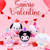 Official Sanrio Triple Heart Plush Valentine's Day party collection featuring Hello Kitty, My Melody, Kuromi, Cinnamoroll, and Pompompurin. Kawaii plushies wearing party hats and holding triple hearts, perfect for Valentine's party decor and aesthetic gift .