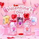 Official Sanrio Valentine's Day Premium Gift Set featuring Hello Kitty, My Melody, Kuromi, Pompompurin, and Cinnamoroll plushies with heart balloons. Aesthetic pink gift packaging for girlfriend or Sanrio collectors